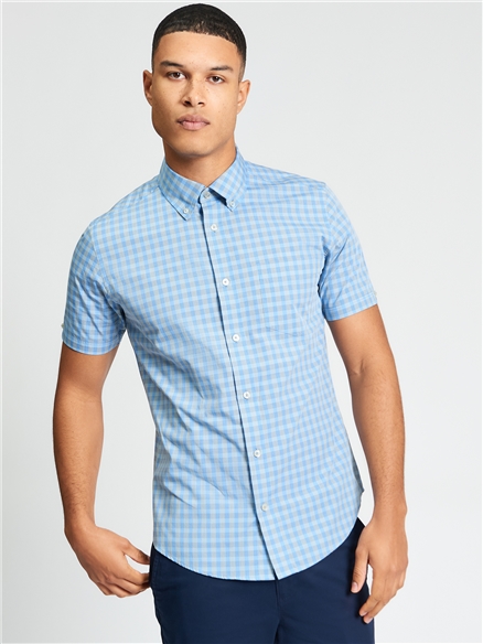 Short Sleeve Linear Gingham Shirt in Lake Blue