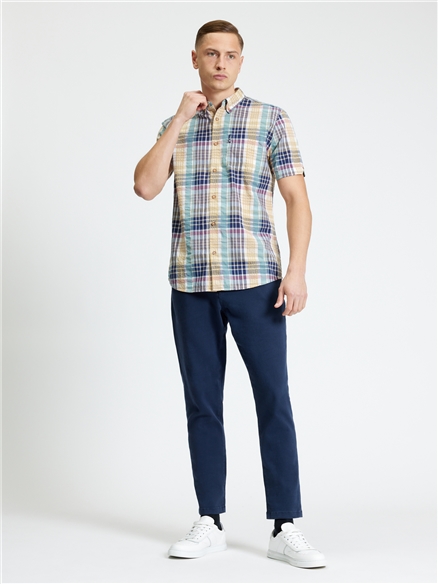 Short Sleeve Seersucker Check Shirt in Aqua