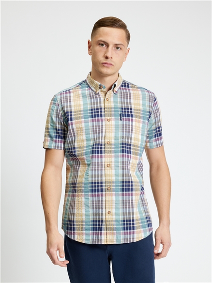 Short Sleeve Seersucker Check Shirt in Aqua