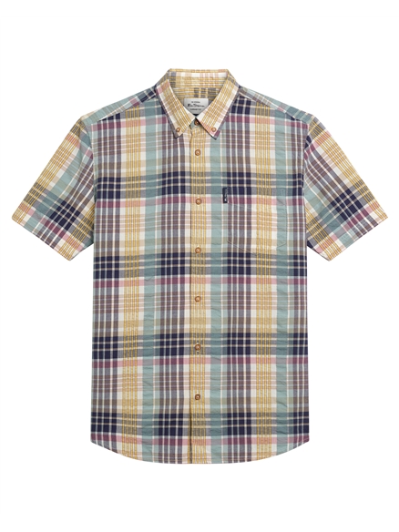 Short Sleeve Seersucker Check Shirt in Aqua