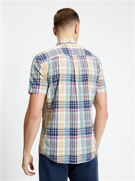 Short Sleeve Seersucker Check Shirt in Aqua
