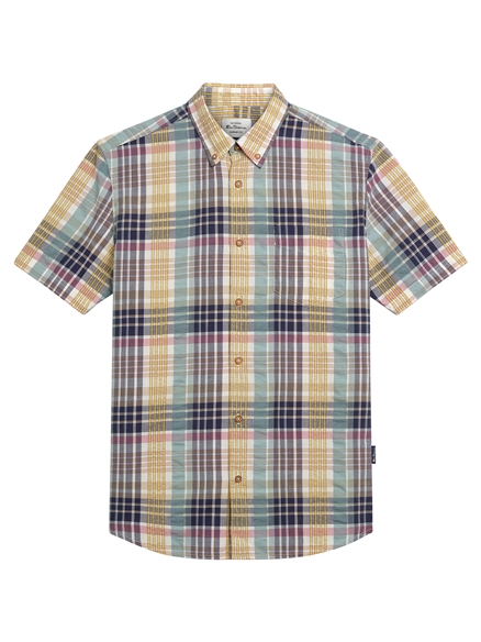 Short Sleeve Seersucker Check Shirt in Aqua