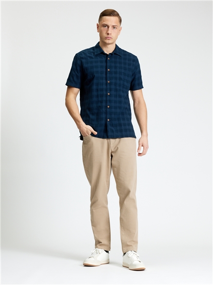 Short Sleeve Dobby Grid Check Shirt in Dark Navy