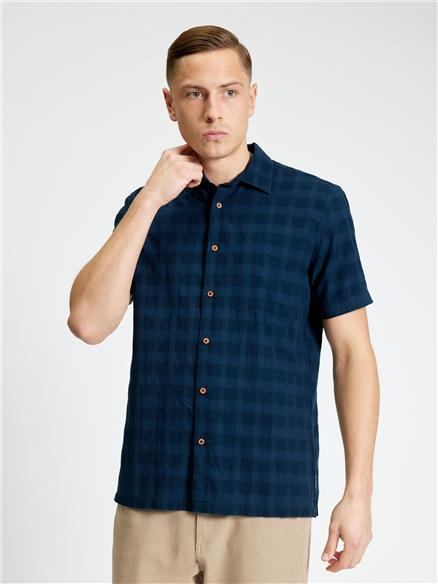 Short Sleeve Dobby Grid Check Shirt in Dark Navy