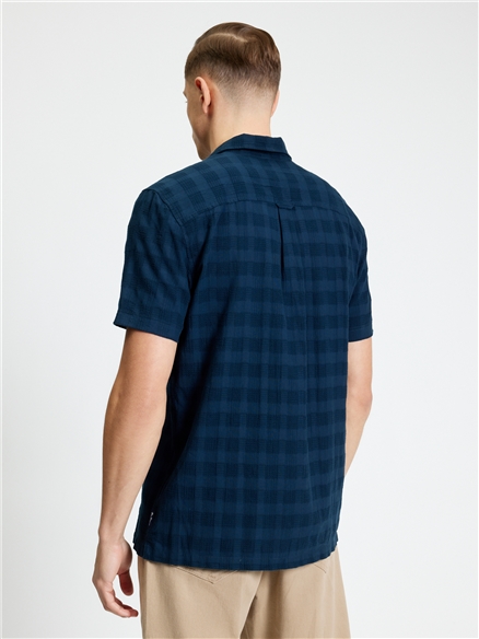 Short Sleeve Dobby Grid Check Shirt in Dark Navy