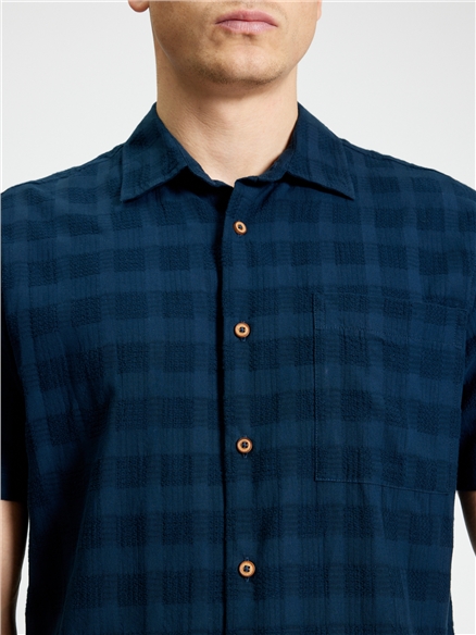 Short Sleeve Dobby Grid Check Shirt in Dark Navy