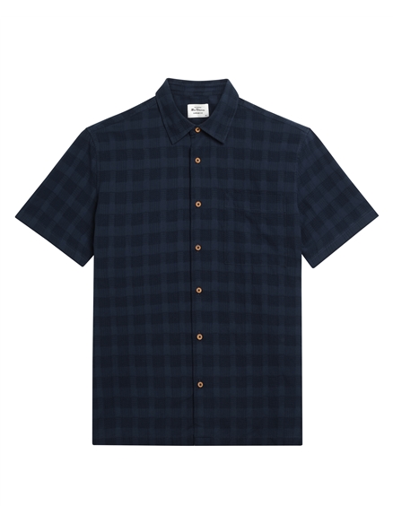 Short Sleeve Dobby Grid Check Shirt in Dark Navy
