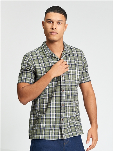 Short Sleeve Texture Check Shirt in Loden