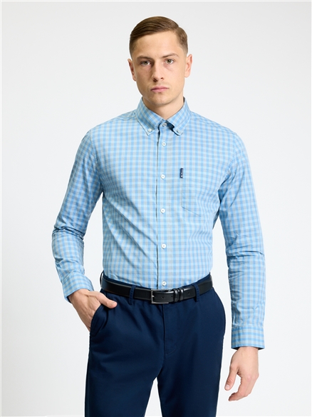 Long Sleeve Linear Gingham Shirt in Lake Blue