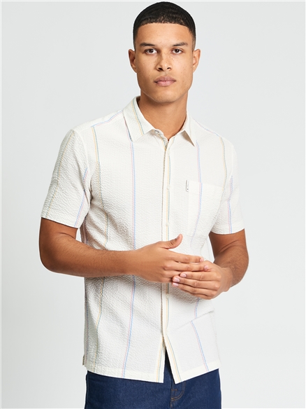 Short Sleeve Seersucker Check Shirt in Ivory