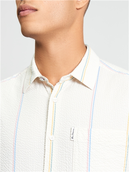 Short Sleeve Seersucker Check Shirt in Ivory