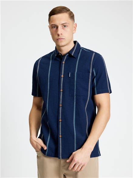 Short Sleeve Seersucker Check Shirt in Dark Navy