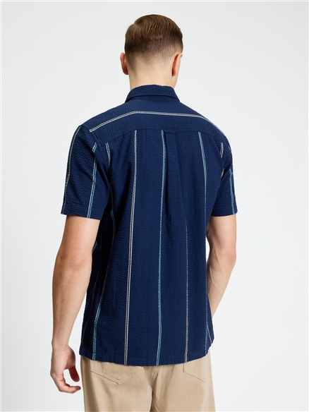 Short Sleeve Seersucker Check Shirt in Dark Navy