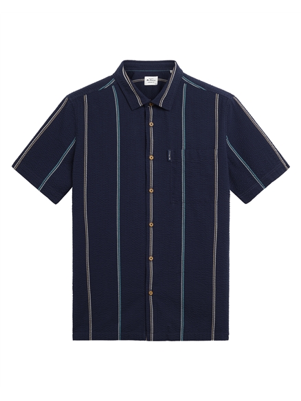 Short Sleeve Seersucker Check Shirt in Dark Navy