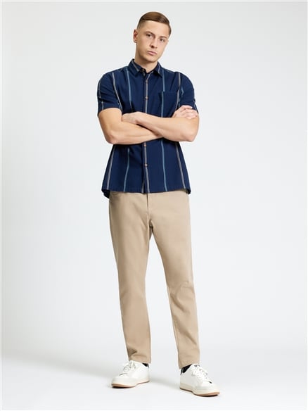 Short Sleeve Seersucker Check Shirt in Dark Navy