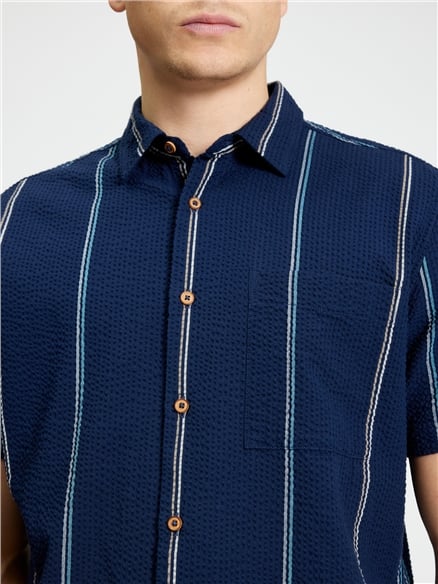 Short Sleeve Seersucker Check Shirt in Dark Navy
