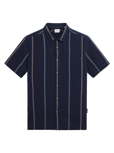 Short Sleeve Seersucker Check Shirt in Dark Navy