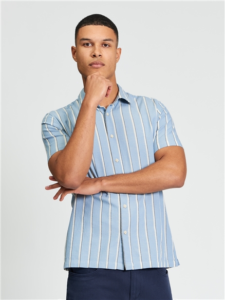 Short Sleeve Dobby Stripe Shirt in Denim