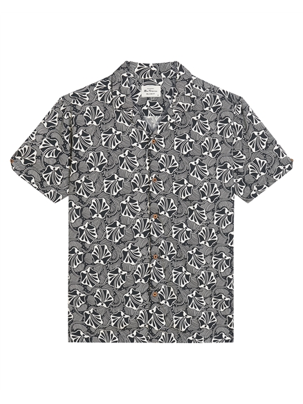 Short Sleeve Linear Floral Print Shirt in Black
