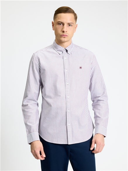 Long Sleeve Oxford Stripe Shirt in Cherry