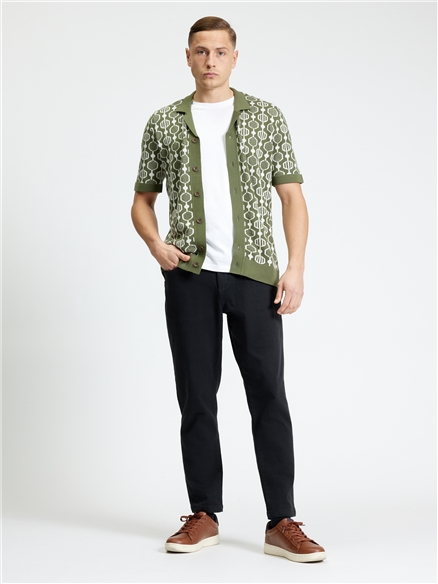 Geo Jacquard Short Sleeve Button Through Shirt in Loden