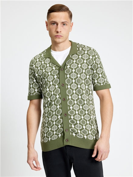 Geo Jacquard Short Sleeve Button Through Shirt in Loden
