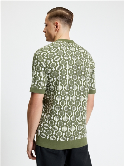 Geo Jacquard Short Sleeve Button Through Shirt in Loden