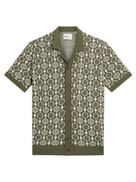 Geo Jacquard Short Sleeve Button Through Shirt in Loden