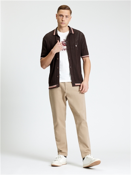 Open Texture Short Sleeve Button Through Shirt in Coffee