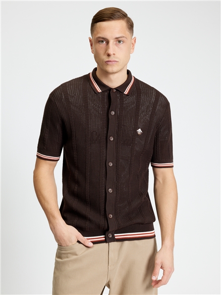 Open Texture Short Sleeve Button Through Shirt in Coffee