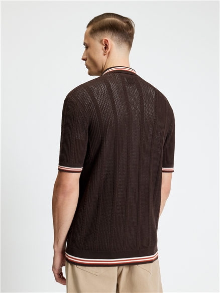 Open Texture Short Sleeve Button Through Shirt in Coffee