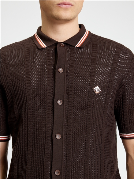 Open Texture Short Sleeve Button Through Shirt in Coffee
