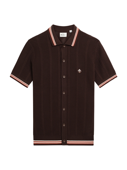 Open Texture Short Sleeve Button Through Shirt in Coffee