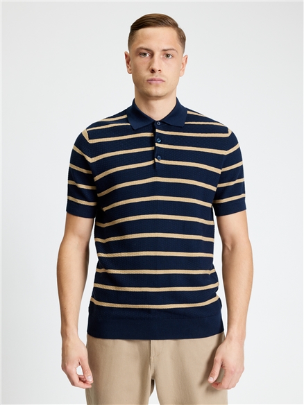 Short Sleeve Textured Stripe Polo in Dark Navy