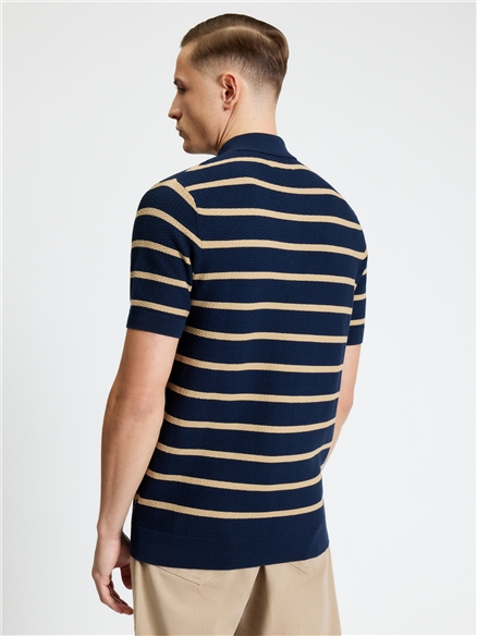 Short Sleeve Textured Stripe Polo in Dark Navy