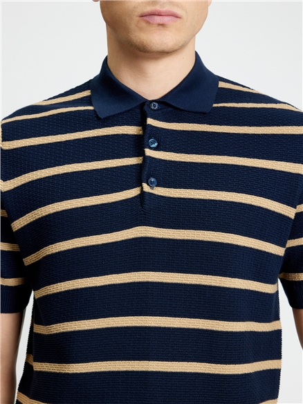 Short Sleeve Textured Stripe Polo in Dark Navy