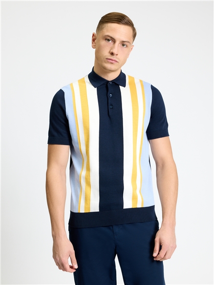Short Sleeve Vertical Stripe Polo in Dark Navy