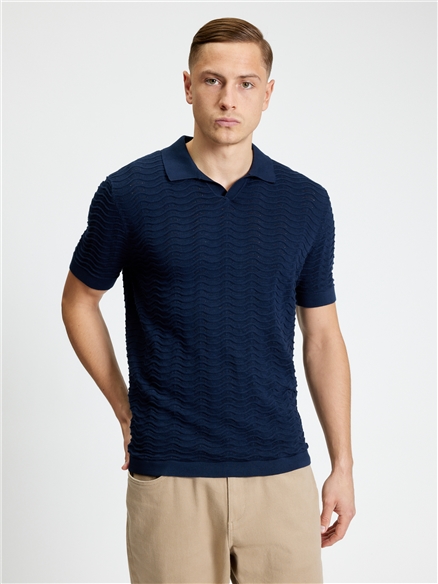 Short Sleeve Wave Texture Polo in Dark Navy