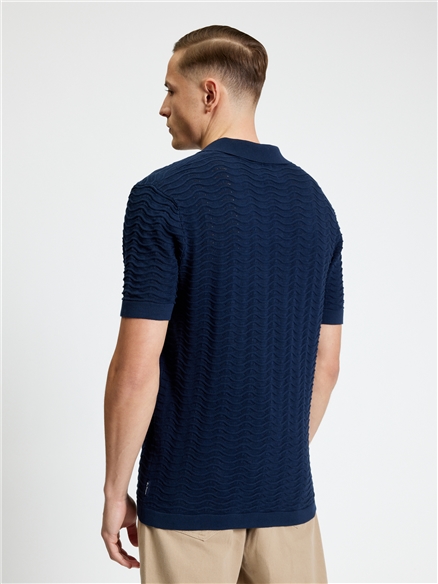 Short Sleeve Wave Texture Polo in Dark Navy