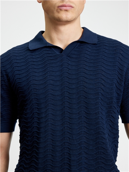 Short Sleeve Wave Texture Polo in Dark Navy