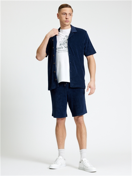 Short Sleeve Towelling Button Through Shirt in Dark Navy