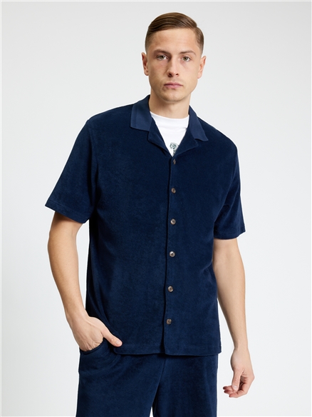 Short Sleeve Towelling Button Through Shirt in Dark Navy