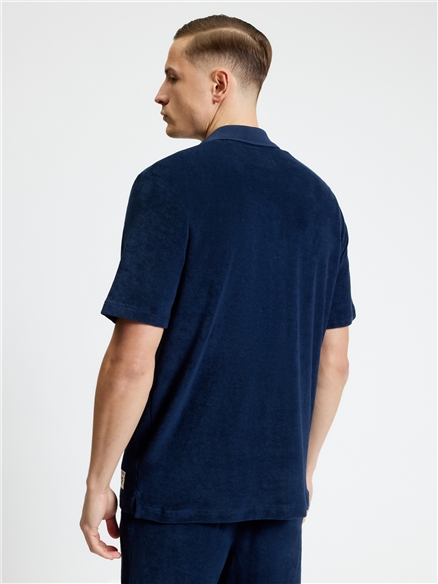 Short Sleeve Towelling Button Through Shirt in Dark Navy