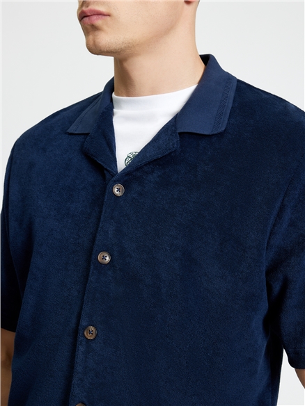 Short Sleeve Towelling Button Through Shirt in Dark Navy