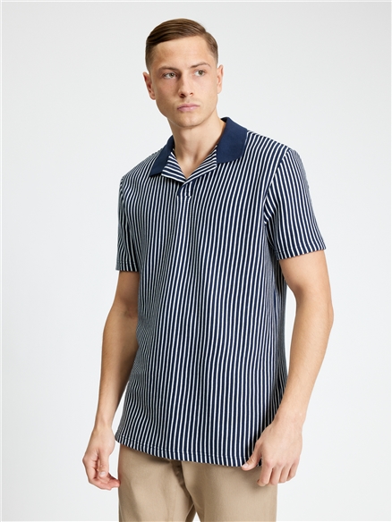 Short Sleeve Vertical Stripe Polo in Dark Navy