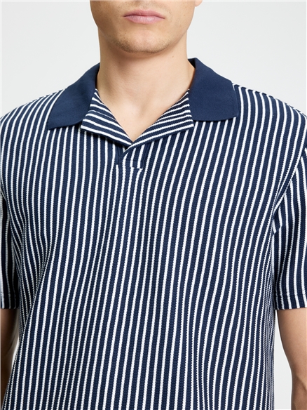 Short Sleeve Vertical Stripe Polo in Dark Navy