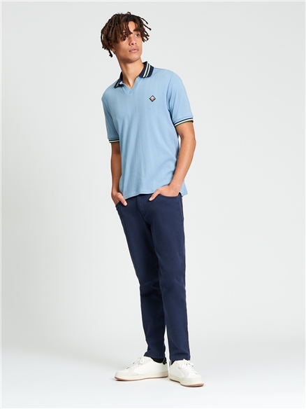 Short Sleeve Trim Block Open Neck Polo in Denim