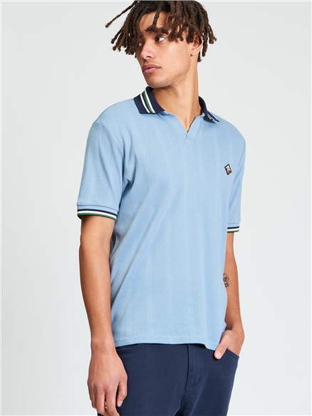 Short Sleeve Trim Block Open Neck Polo in Denim