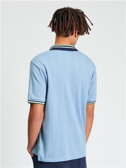 Short Sleeve Trim Block Open Neck Polo in Denim