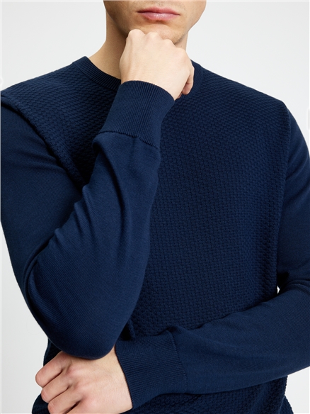 Textured Front Crew Neck in Dark Navy